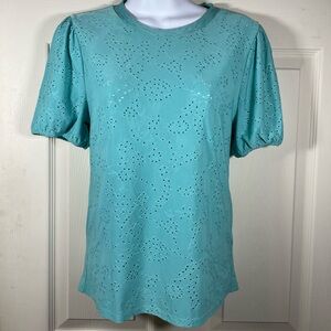 W5 Anthropologie‎ Designer Teal Eyelet Short Sleeve Top